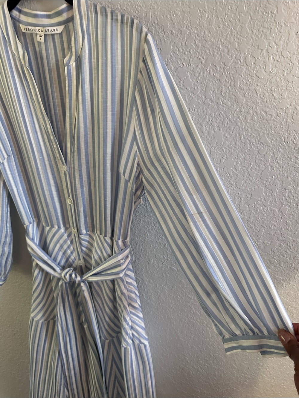 Veronica Beard Jenna Tie Waist Linen Silk Stripe Midi Dress Size 8 Blue White - Picture 6 of 16